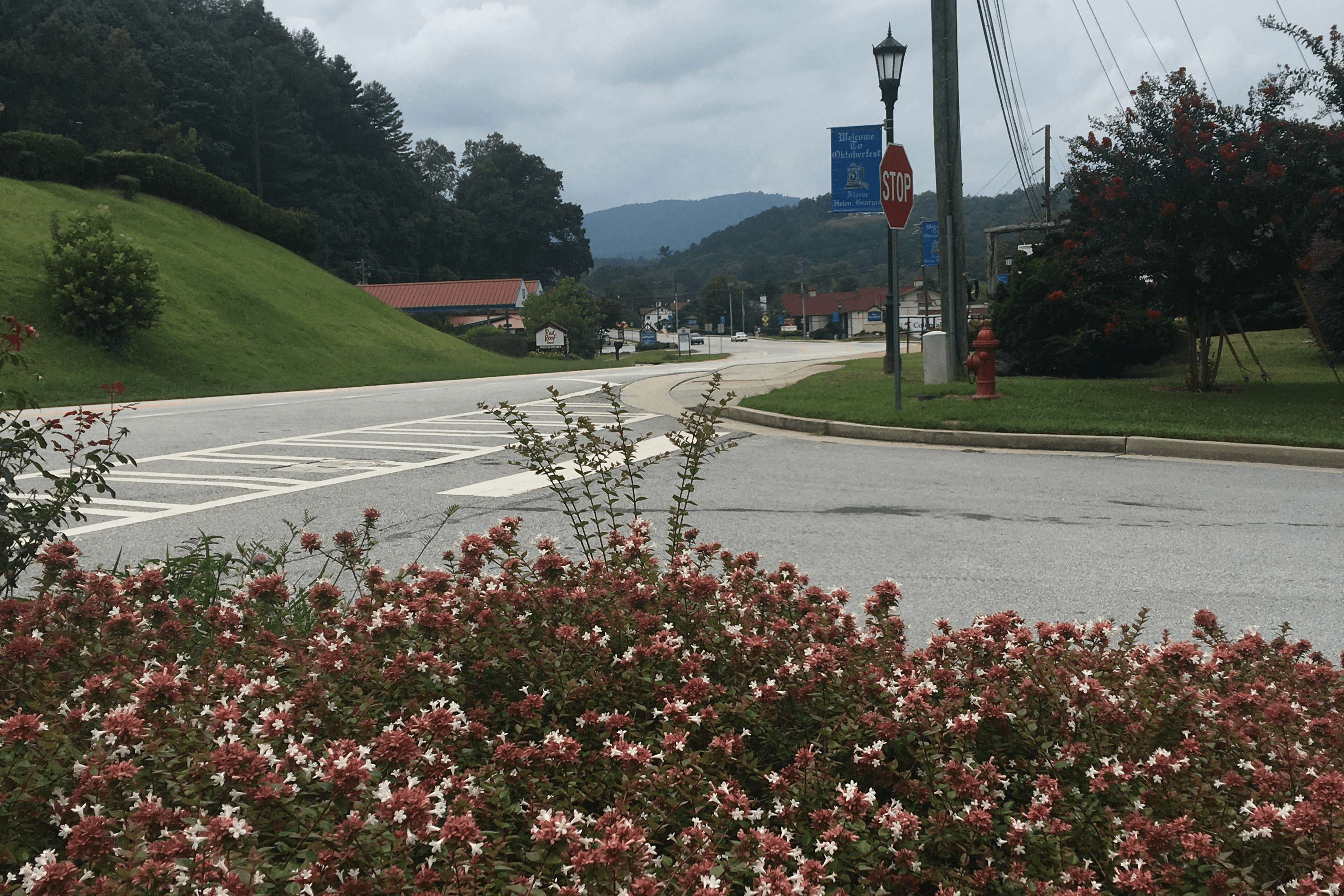 View of road into mountain town